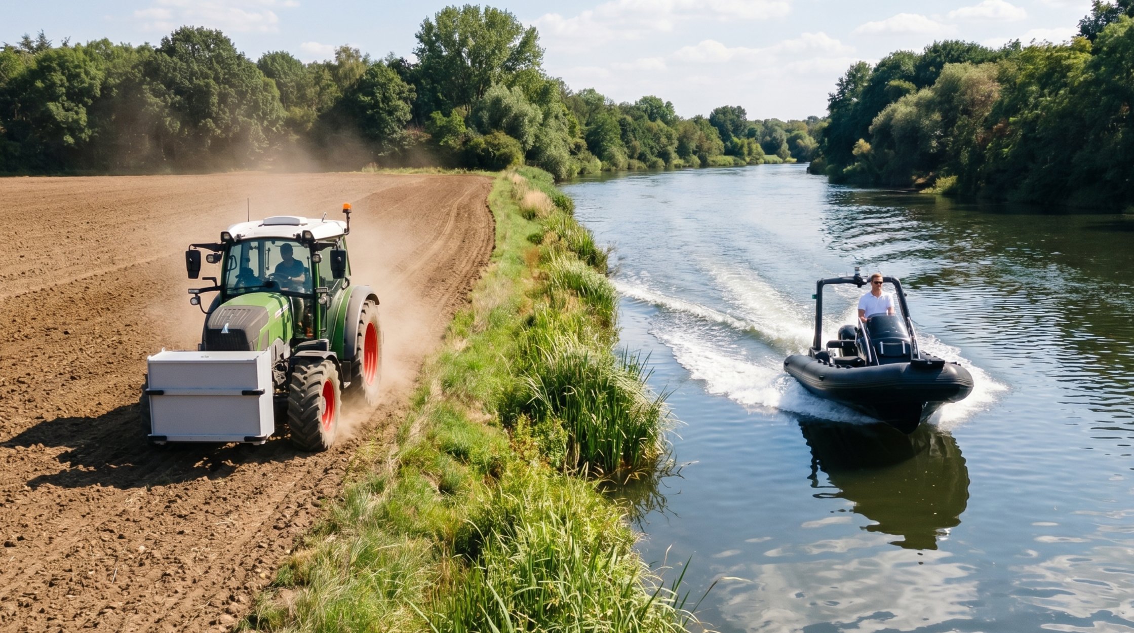 E-Traktor mit Multi-Use-Batterie neben einem Fluss, auf dem ein Electric RIB fährt